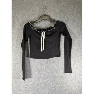 Sugar Kiss Blouse Medium Y2K Black Long Sleeve Crop Top Ruffle whimsigoth grunge